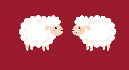 Obraz premium Two Cute Fluffy White Sheep Facing Each Other on Red Background