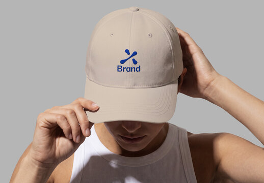 Baseball Cap Mockup Held by Person Front View Close Up Studio Shot