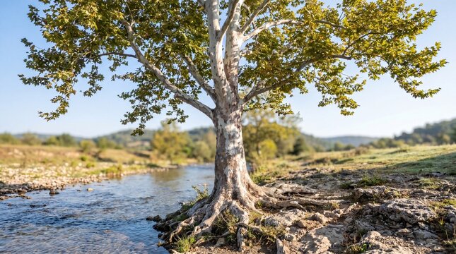 Large sycamore tree with exposed roots growing on rocky riverbank beside clear flowing stream   