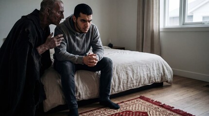 Fototapeta premium Conceptual illustration of evil spirit or devil whispering temptation to young man sitting near prayer rug to avoid praying 