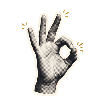 Retro halftone sticker of hand showing ok gesture with yellow dynamic motion lines for fun vintage digital collage designs