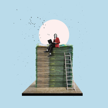 Businesswoman sitting on a large stack of 100-euro notes, flat design.
