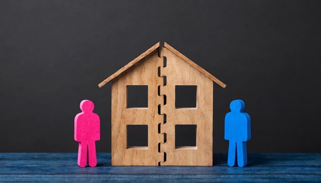 Divided wooden puzzle house between pink and blue human figures for Property division and divorce concept