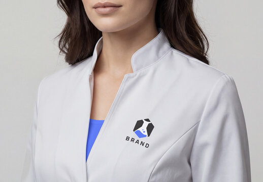 Medical Lab Coat Uniform Mockup Wearing Female Doctor, Close-up View