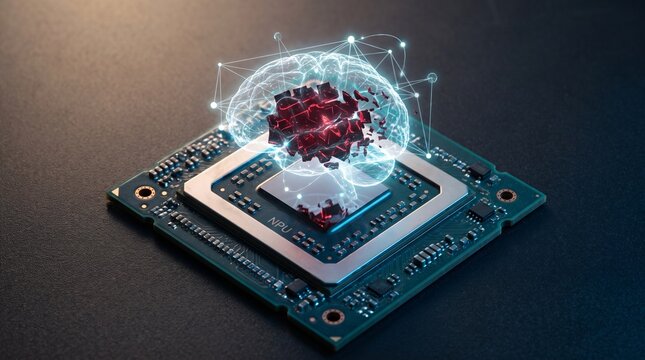 Glowing neural network brain emerges from hardware NPU microchip representing cognitive computing and artificial intelligence development