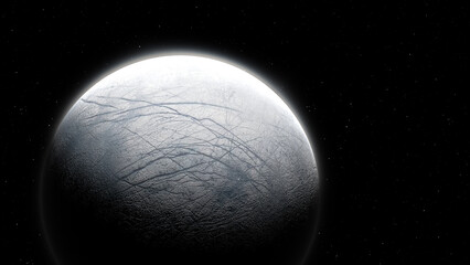 Realistic digital illustration of Europa, Jupiter’s icy moon, illuminated in deep space with a fractured frozen surface and star-filled black background. © Serhii