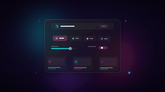 Modern dark mode user interface dashboard with glowing controls and