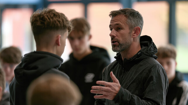 male sports coach talking to young athlete team explaining tactical strategy in gym mature trainer giving motivation instructions to teenage students during workout session indoor training seminar