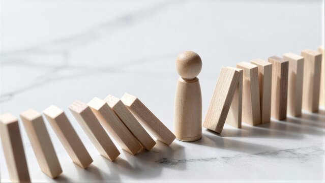 Wooden figure stands between falling dominoes, stopping the chain reaction.