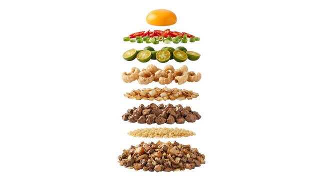 Exploded View of Filipino Sisig Ingredients with Egg, Pork, Calamansi, and Chili Isolated on White Background for Culinary Food Photography