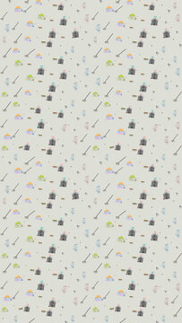 Seamless pattern of houses, rakes, brooms, and flowers