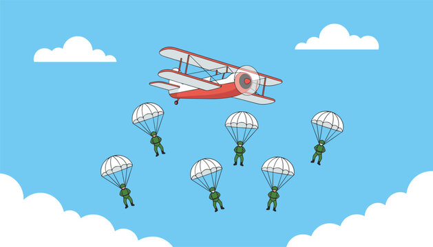 Paratroopers wearing camouflage uniforms descend from a red biplane using white parachutes above fluffy clouds in a bright blue sky.