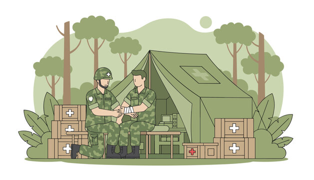 Army medic provides medical aid by bandaging the injured arm of a fellow soldier inside a military field tent surrounded by green trees.