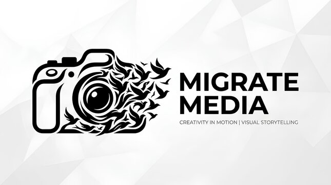 Migrate Media logo design featuring camera and bird flock.