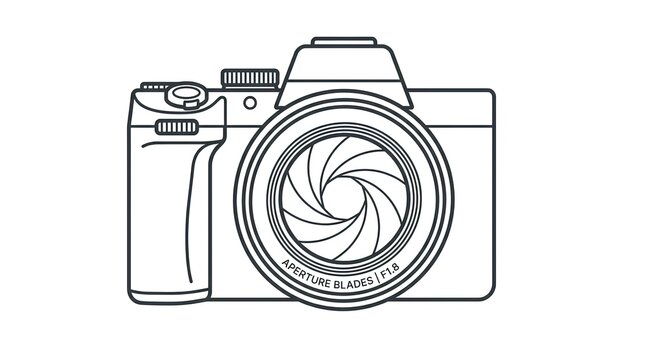 Minimalist black line art illustration of modern DSLR camera.