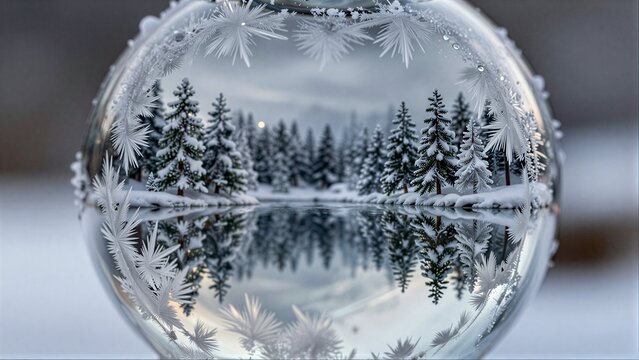 Snowy forest and mountain reflected in a frosty glass globe, serene winter scene.