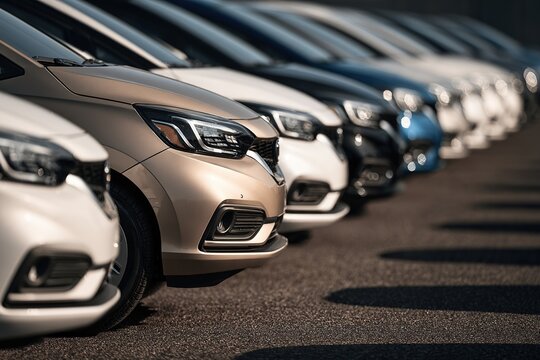 Row of new cars parked at a dealership, front ends aligned under sunlight with glossy paint and visible headlights.
