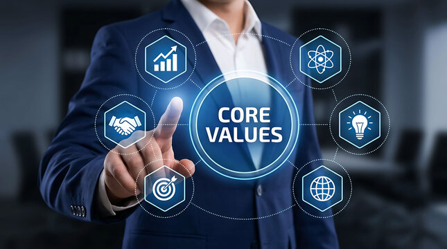 Businessman pressing core values button on virtual screen for company strategy