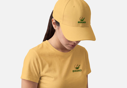 Restaurant Woman Staff Wearing Cap and T-shirt Uniform Mockup