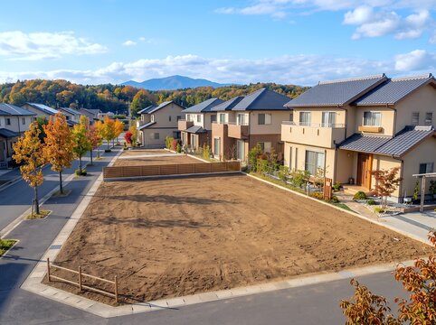秋の青空に新しい家々が並ぶ造成中の分譲地と更地