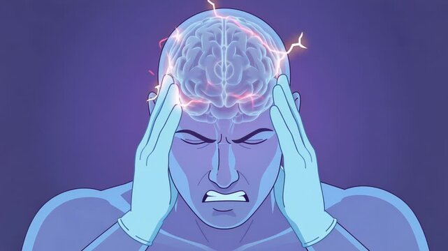 Medical illustration of human brain with highlighted red region, showing headache, migraine, stroke, neurological disorder, healthcare anatomy concept, 4K video