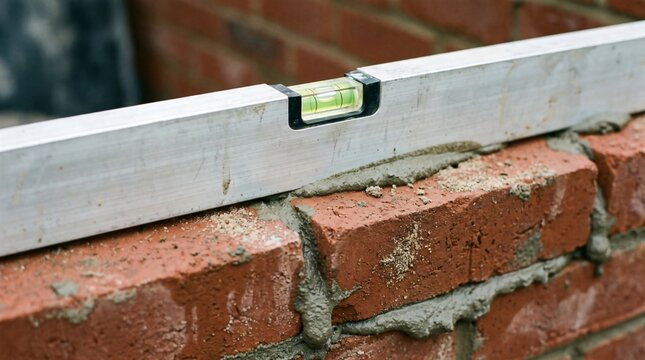 A Spirit Level Sitting on a New Brick Course Showing a Check Against Standards