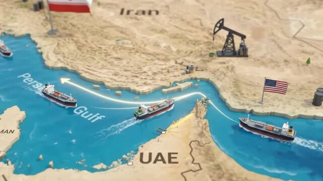 Iran Gulf map showing oil tanker routes and energy shipping concept 4k