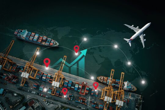 Global logistics and supply chain management with cargo ship, airplane, and growth graph