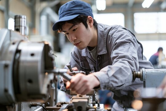 日本の工場で旋盤を操作する若手男性が真剣な表情