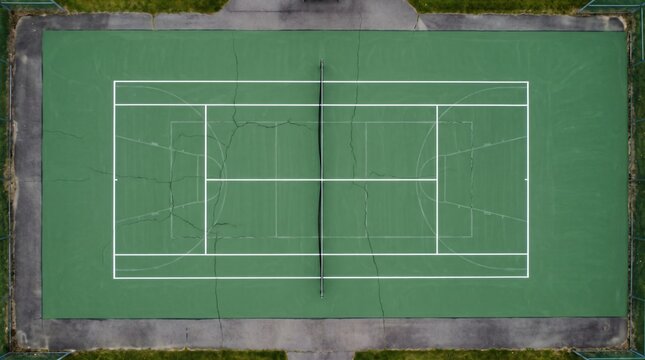 Resurfacing Concept: Aerial View of Faded Old Markings Showing Through a Repainted Tennis Court
