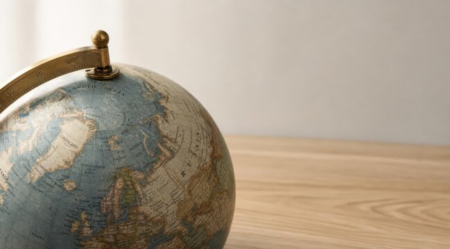 Classroom globe extreme close-up on oak desk with copy space