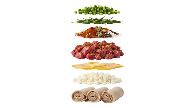 Exploded View of Ethiopian Kitfo Ingredients with Beef, Spices, Ayib Cheese, and Injera Flatbread Isolated on a White Background for Menu Design