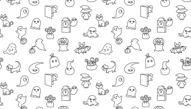 Seamless pattern featuring Halloween elements in a minimalist line art style