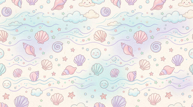 Seamless pattern with cute seashells, smiling clouds, stars, and bubbles on a soft pastel background, whimsical oceanthemed illustration
