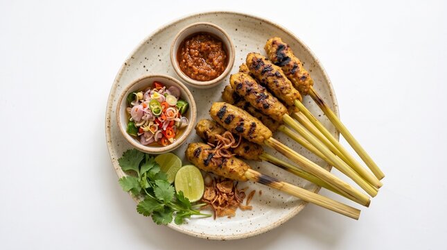Top view of delicious Balinese sate lilit or minced meat satay on lemongrass skewers with sambal matah, chili sauce, lime, and cilantro on a ceramic plate over a white background.