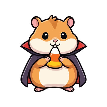 Cute hamster wearing a vampire cape holding a piece of candy corn on a white background