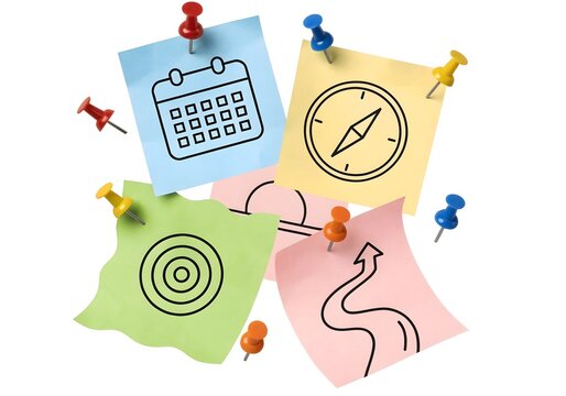 Colorful sticky notes with icons pinned on transparent background for planning and organization