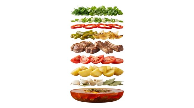 Azerbaijani Buglama Lamb Stew Ingredients Floating Isolated on White Background, Traditional Meat and Vegetable Dish Preparation Concept
