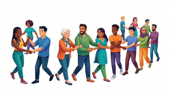 Diverse group of people holding hands and walking together in unity and friendship