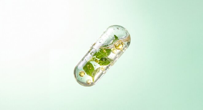 Transparent medical capsule with green botanical leaf extract and water droplets, natural medicine concept