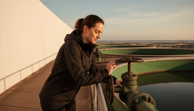 Water treatment plant operator turning large pipe valve wheel during facility maintenance at sunset under warm golden hour light with side view and copy space