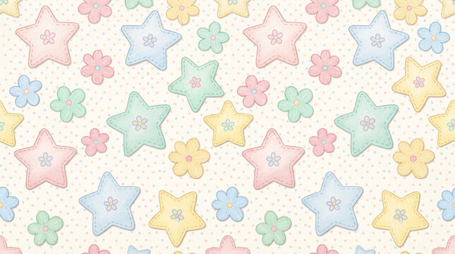 Seamless pattern with cute pastel stars and flowers on a polka dot background, whimsical nursery wallpaper design for children