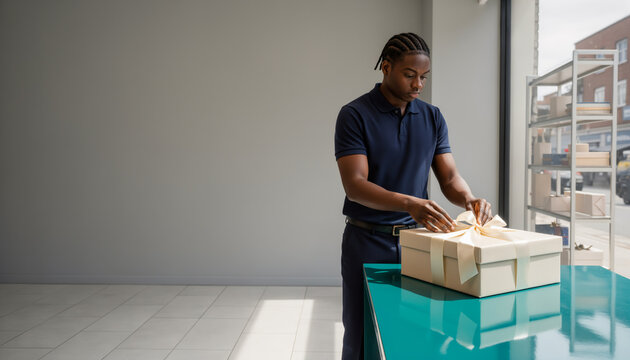 Small business owner tying white ribbon bow on present box during order packaging in modern minimalist room with bright daylight wide angle view and clear copy space