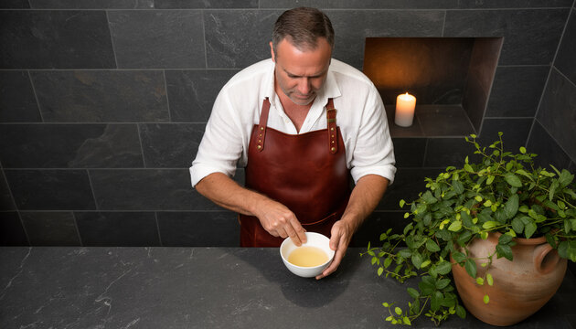 Artisan chef whisking egg sauce in bowl on dark stone countertop during meal preparation in restaurant kitchen under warm candlelight with high angle shot and copy space