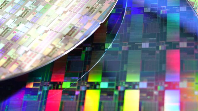 Silicon Wafer with microchips used in electronics for the fabrication of integrated circuits.
