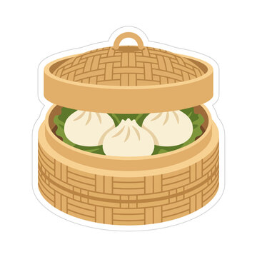 Traditional bamboo steamer basket with warm beige textures containing steamed dumplings for asian cuisine menu design restaurant food advertisement graphic art.