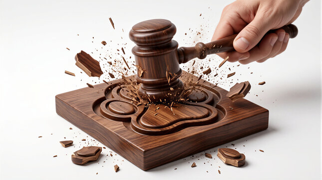 3D render of a judge gavel hitting a wooden block carved with a pet paw print. Visual metaphor for animal rights, pet protection laws, legal justice, and animal welfare legislation