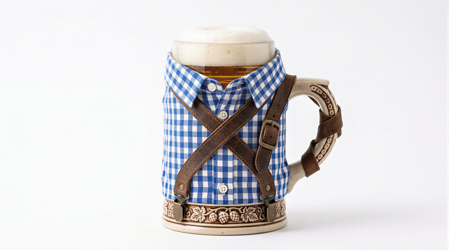 3D render of a beer stein wearing traditional Bavarian Oktoberfest clothing with blue checkered shirt and Lederhosen suspenders. Cultural celebration and beer festival concept.