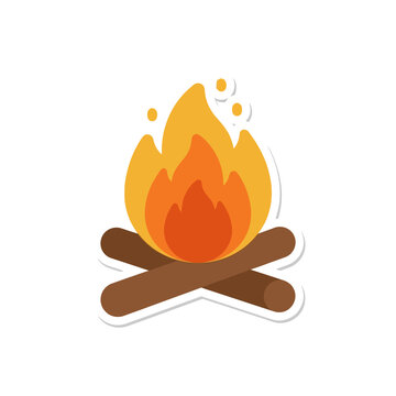 Cozy campfire illustration featuring burning orange flames over crossed wooden logs makes an ideal graphic asset for outdoor recreation and camping designs.