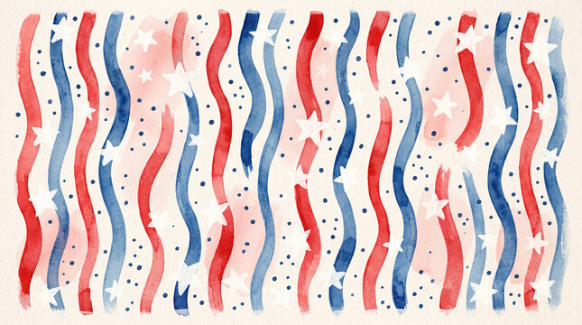 Watercolor patriotic background with wavy red and blue stripes and white stars isolated on white background